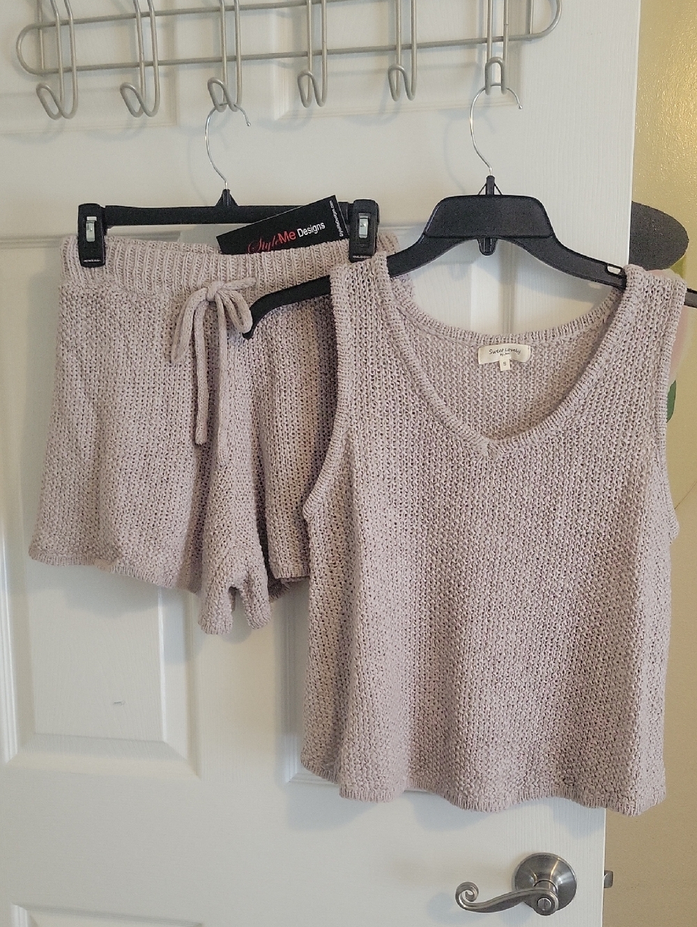 Sweet Lovely by Jen SzSm 2pc Soft Open Knit Tank & Drawstring Shorts Set - mocha